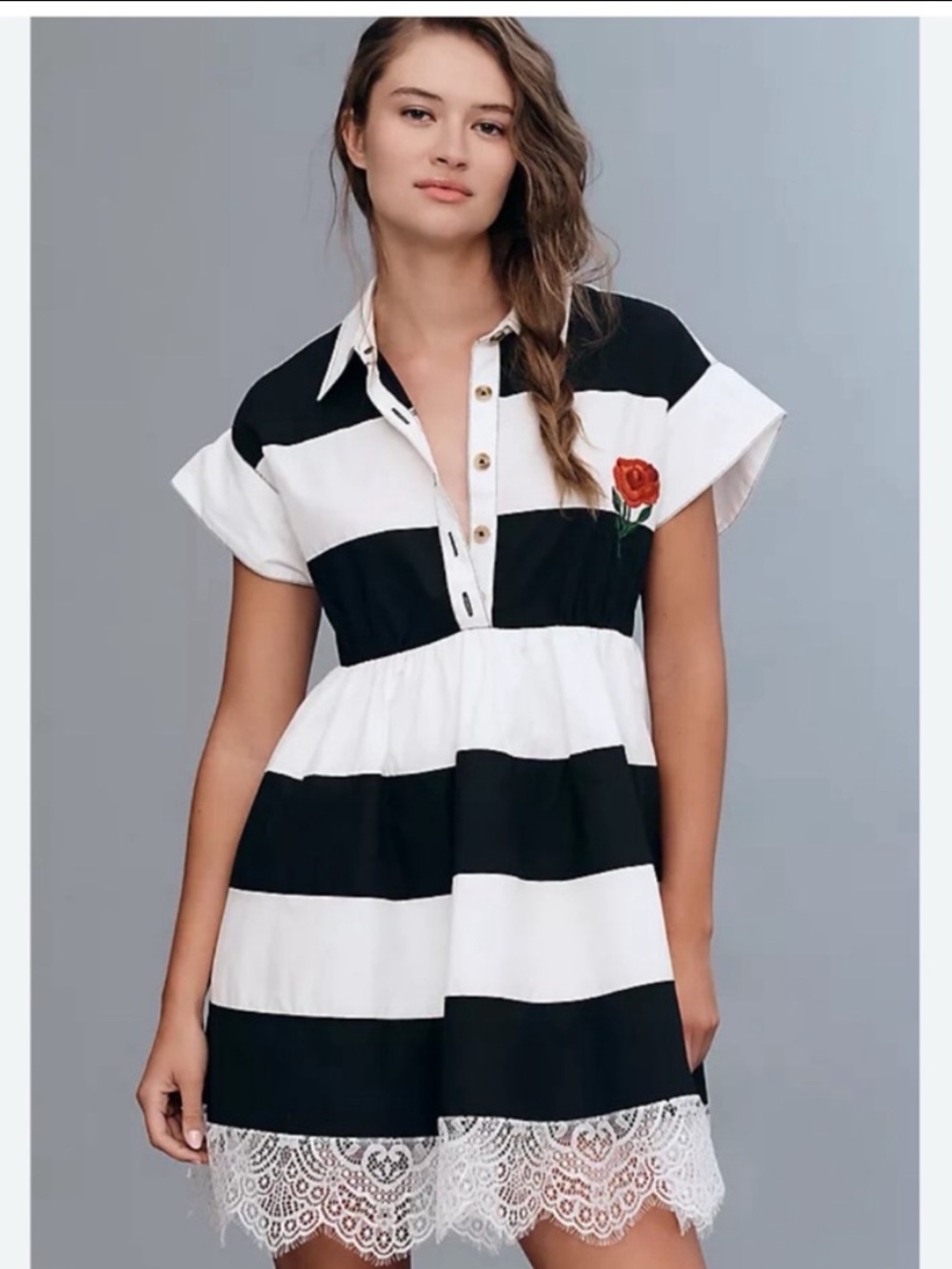 MWT Maeve Short-Sleeve Rugby Embroidered Rose  Swing Mini Dress, S
